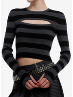 Black & Dark Grey Cutout Girls Crop Long-Sleeve Top - US 3955
