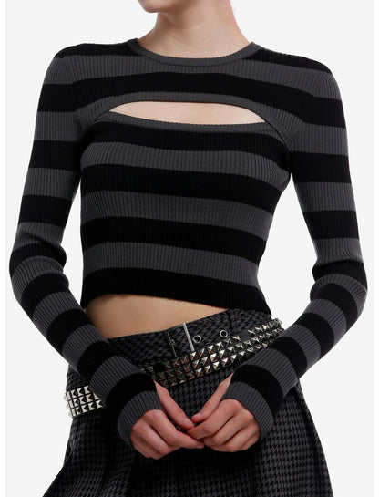 Black & Dark Grey Cutout Girls Crop Long-Sleeve Top - US 3955