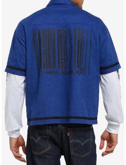 Blue Barcode Long-Sleeve Twofer Woven Button-Up - US 7655