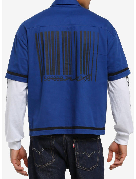 Blue Barcode Long-Sleeve Twofer Woven Button-Up - US 7655