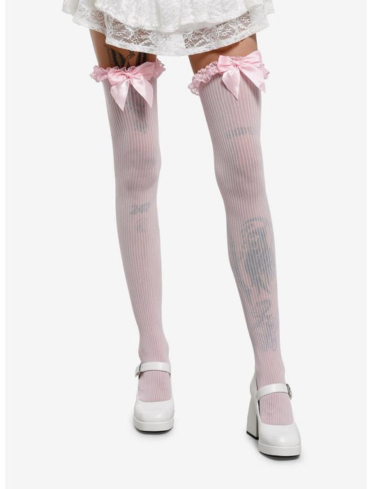 Leg Avenue Pink Sheer Stripe Bow Thigh Highs - US 6331