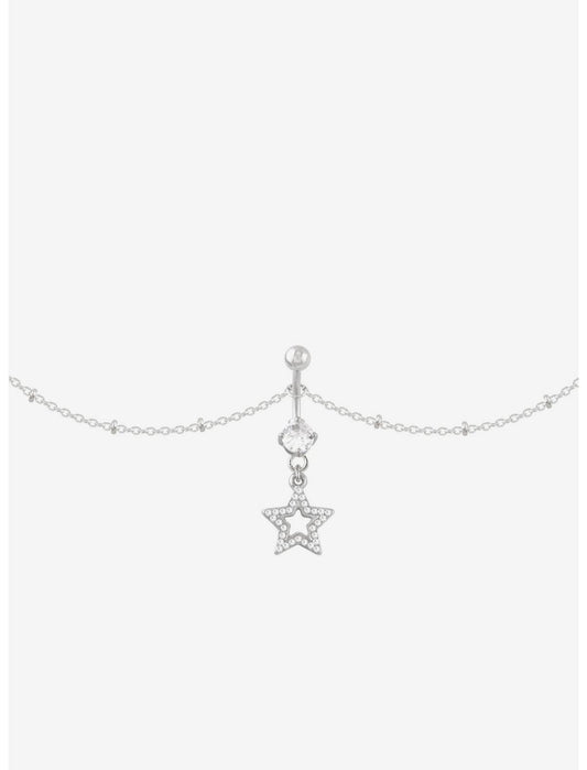 14G Steel Silver Star CZ Gem Navel Barbell & Belly Chain - US 2137