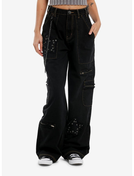 Black Grommet Star Patch Cargo Pants - US 3653