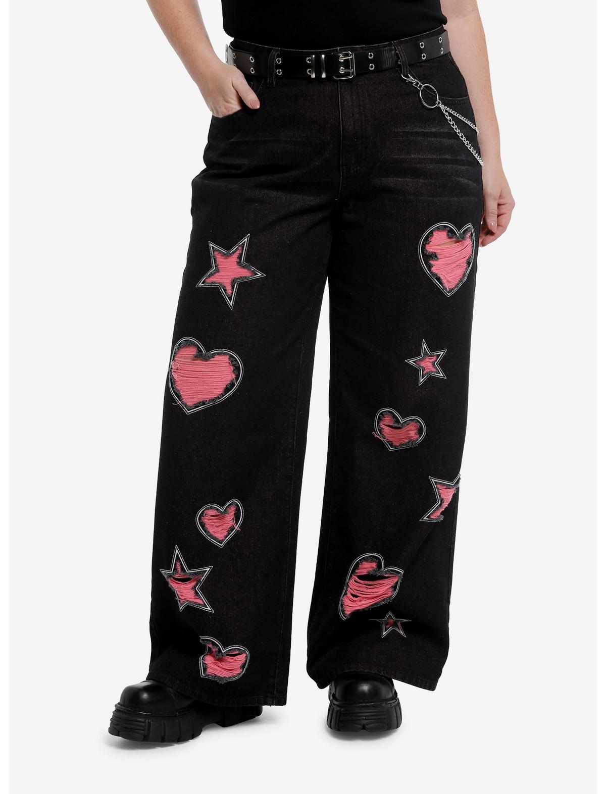 Black Pink Heart & Star Distressed Belted Wide Leg Jeans Plus Size - US 5719