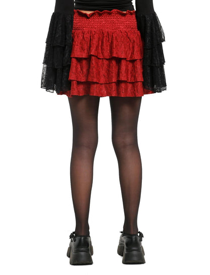 Cosmic Aura Maroon Lace Tiered Mini Skirt - US 8258