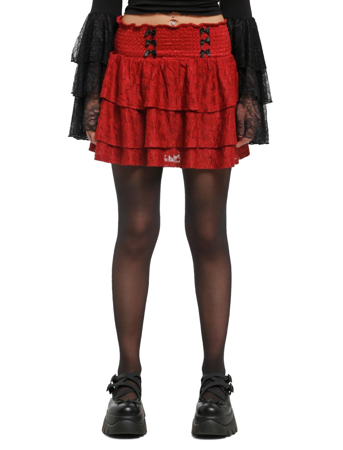 Cosmic Aura Maroon Lace Tiered Mini Skirt - US 8258