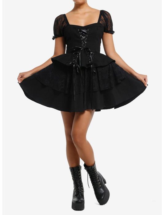 Black Lace Puff Sleeve Tiered Mini Dress - US 3333