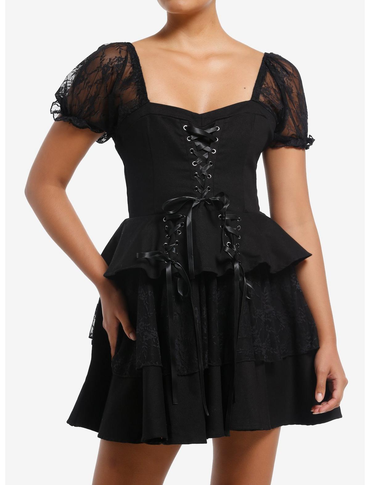 Black Lace Puff Sleeve Tiered Mini Dress - US 3333
