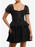 Black Lace Puff Sleeve Tiered Mini Dress - US 3333