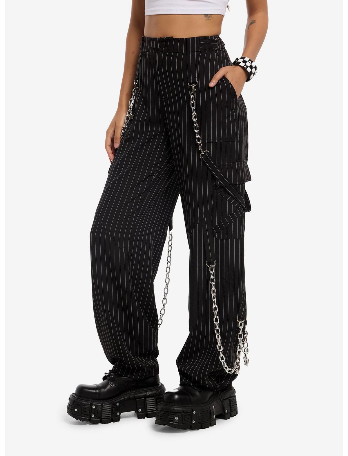Black & White Pinstripe Suspender Chain Pants - US 4923