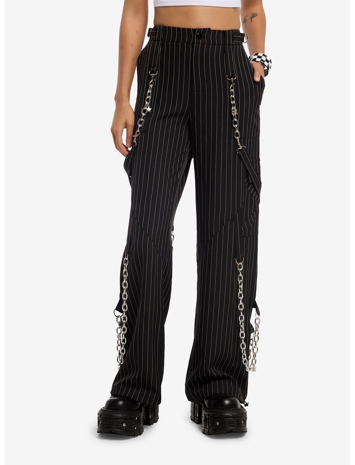 Black & White Pinstripe Suspender Chain Pants - US 4923