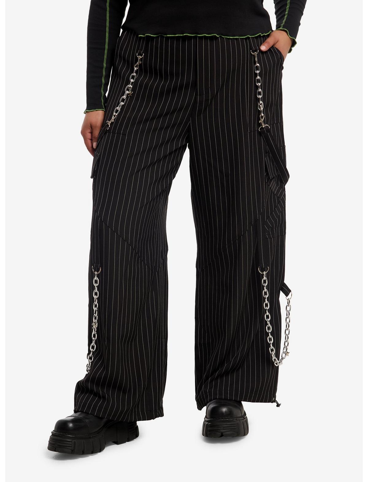Black & White Pinstripe Suspender Chain Pants Plus Size - US 8534