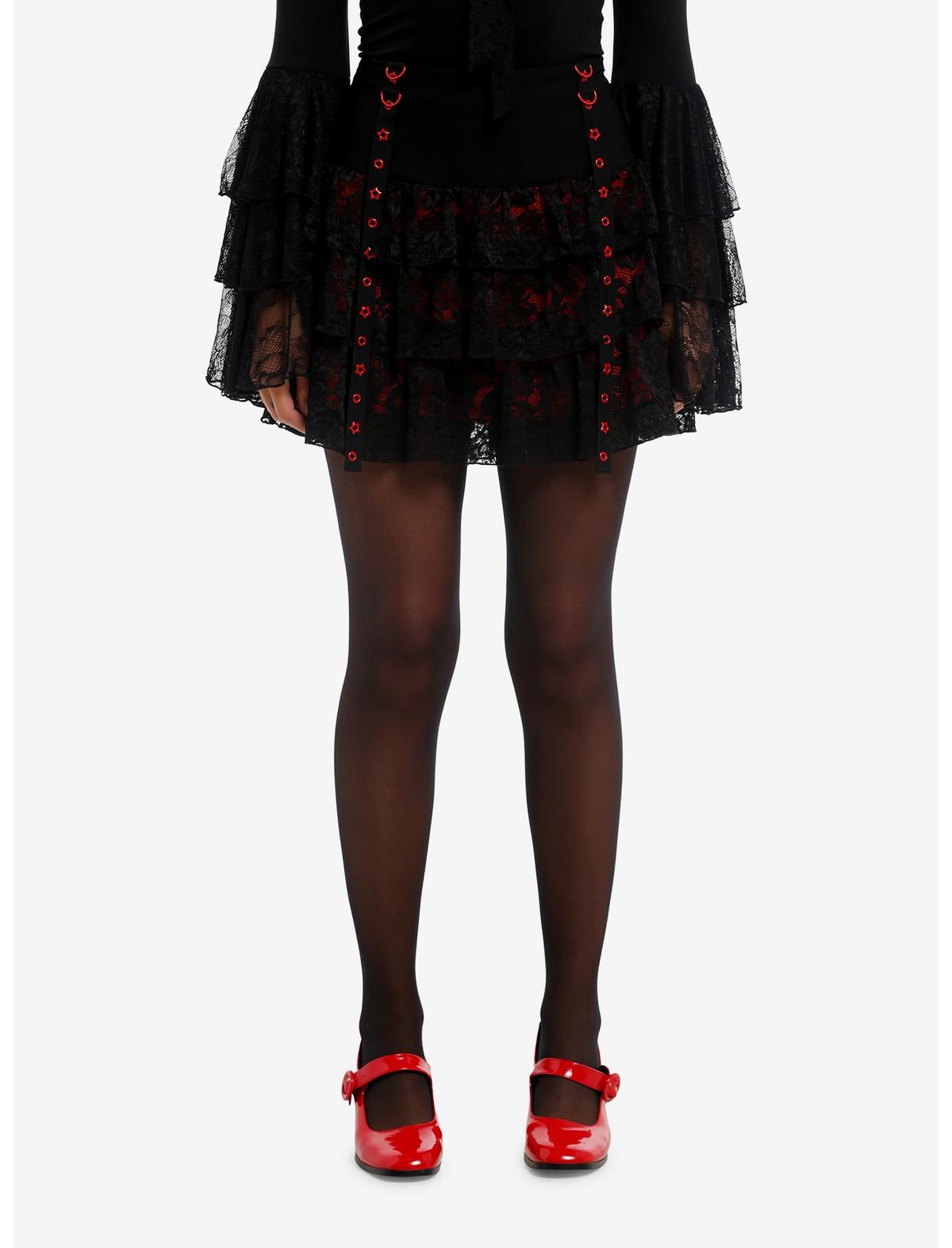 Black & Red Lace Grommet Strap Tiered Skirt - US 5928