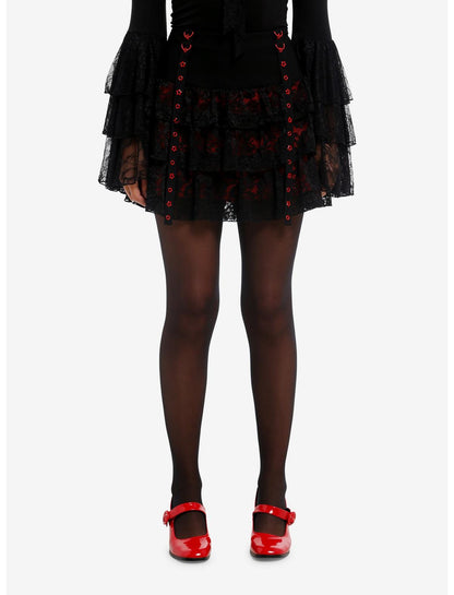 Black & Red Lace Grommet Strap Tiered Skirt - US 5928