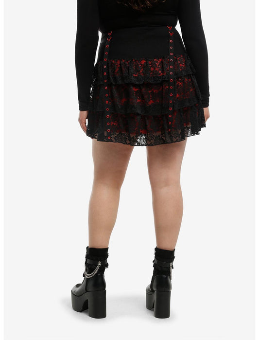 Black & Red Lace Grommet Strap Tiered Skirt Plus Size - US 1971