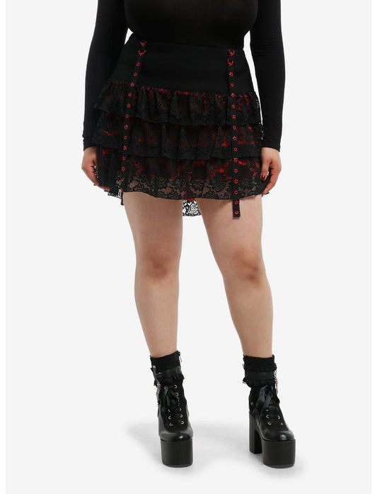 Black & Red Lace Grommet Strap Tiered Skirt Plus Size - US 1971