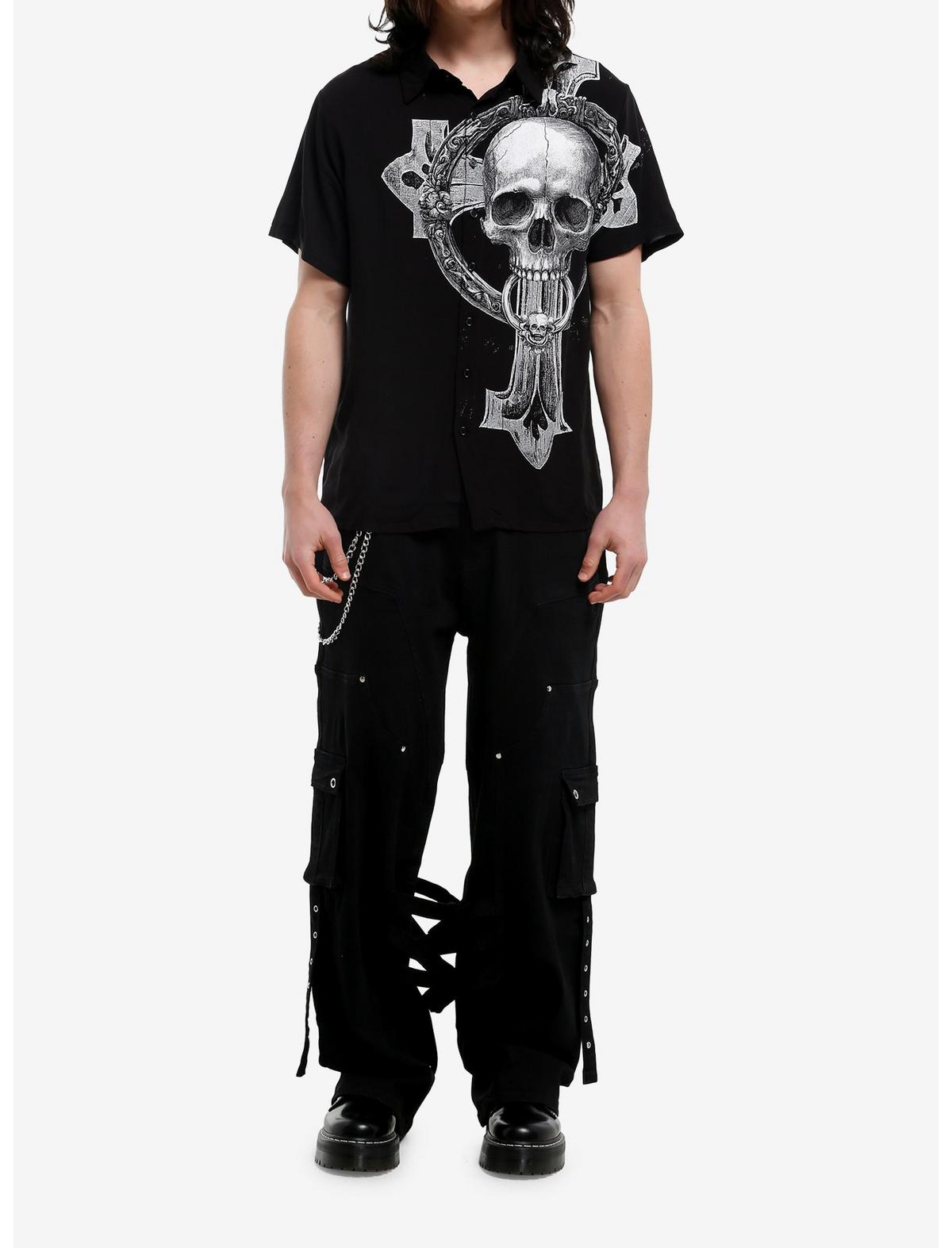 Black & White Cross Skull Woven Button-Up - US 6105