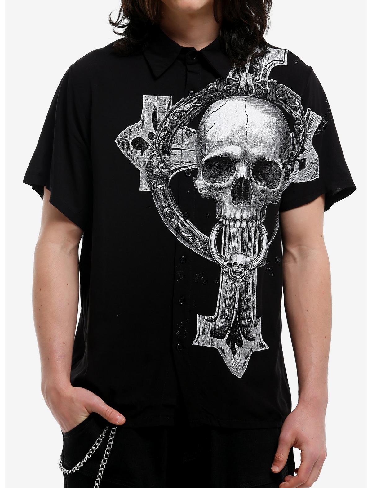 Black & White Cross Skull Woven Button-Up - US 6105