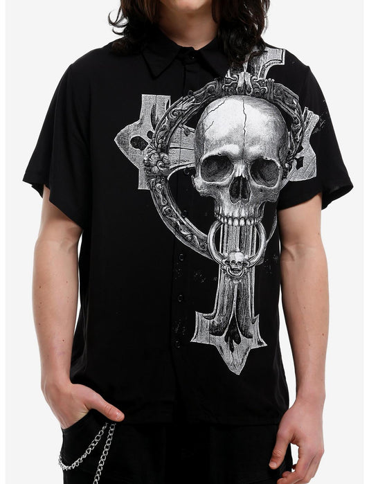Black & White Cross Skull Woven Button-Up - US 6105