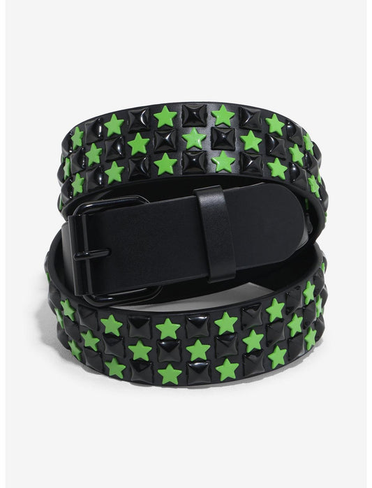 Black & Green Star Three Row Pyramid Stud Belt - US 7429