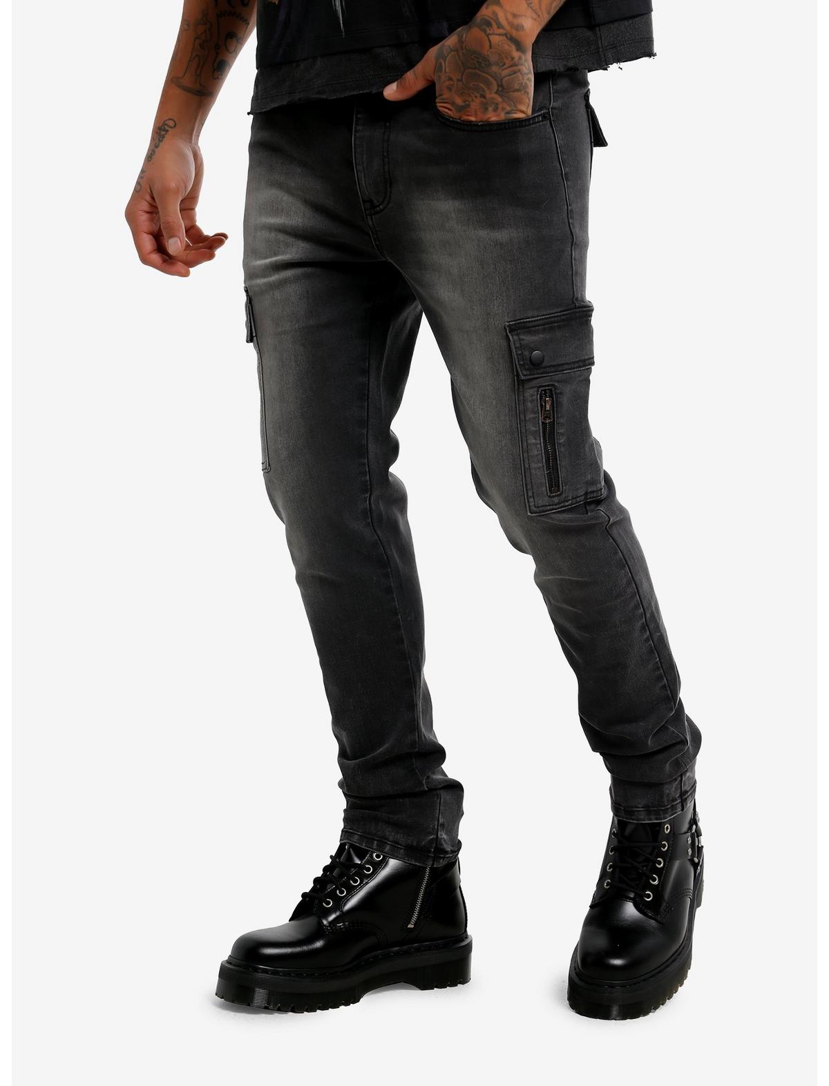 Dismantle Faded Black Cargo Pocket Skinny Jeans - US 5599