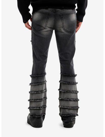 Dismantle Faded Black Frayed & Studded Wide Flare Jeans - US 1591