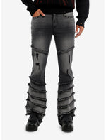 Dismantle Faded Black Frayed & Studded Wide Flare Jeans - US 1591