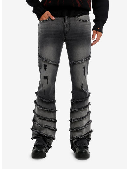 Dismantle Faded Black Frayed & Studded Wide Flare Jeans - US 1591