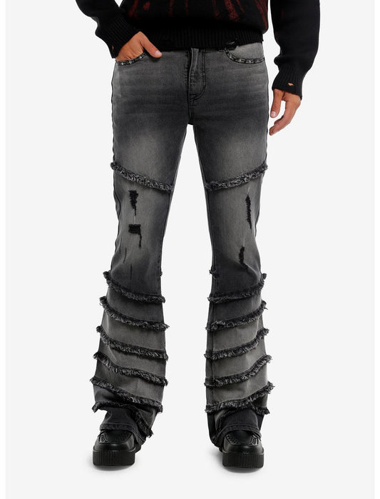 Dismantle Faded Black Frayed & Studded Wide Flare Jeans - US 1591