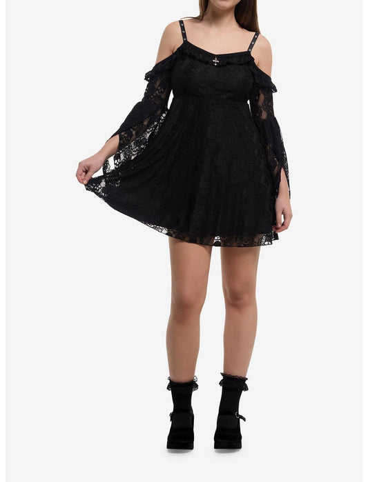 Black Skull Lace Cold-Shoulder Bell Sleeve Dress - US 8633