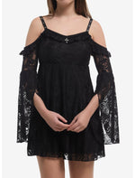 Black Skull Lace Cold-Shoulder Bell Sleeve Dress - US 8633