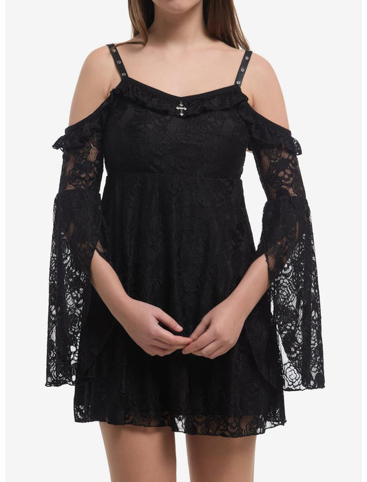Black Skull Lace Cold-Shoulder Bell Sleeve Dress - US 8633