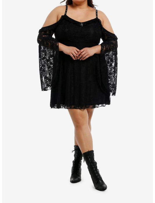 Black Skull Lace Cold-Shoulder Bell Sleeve Dress Plus Size - US 5725