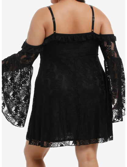 Black Skull Lace Cold-Shoulder Bell Sleeve Dress Plus Size - US 5725