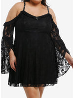 Black Skull Lace Cold-Shoulder Bell Sleeve Dress Plus Size - US 5725