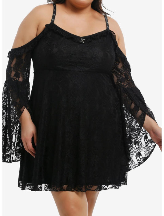Black Skull Lace Cold-Shoulder Bell Sleeve Dress Plus Size - US 5725