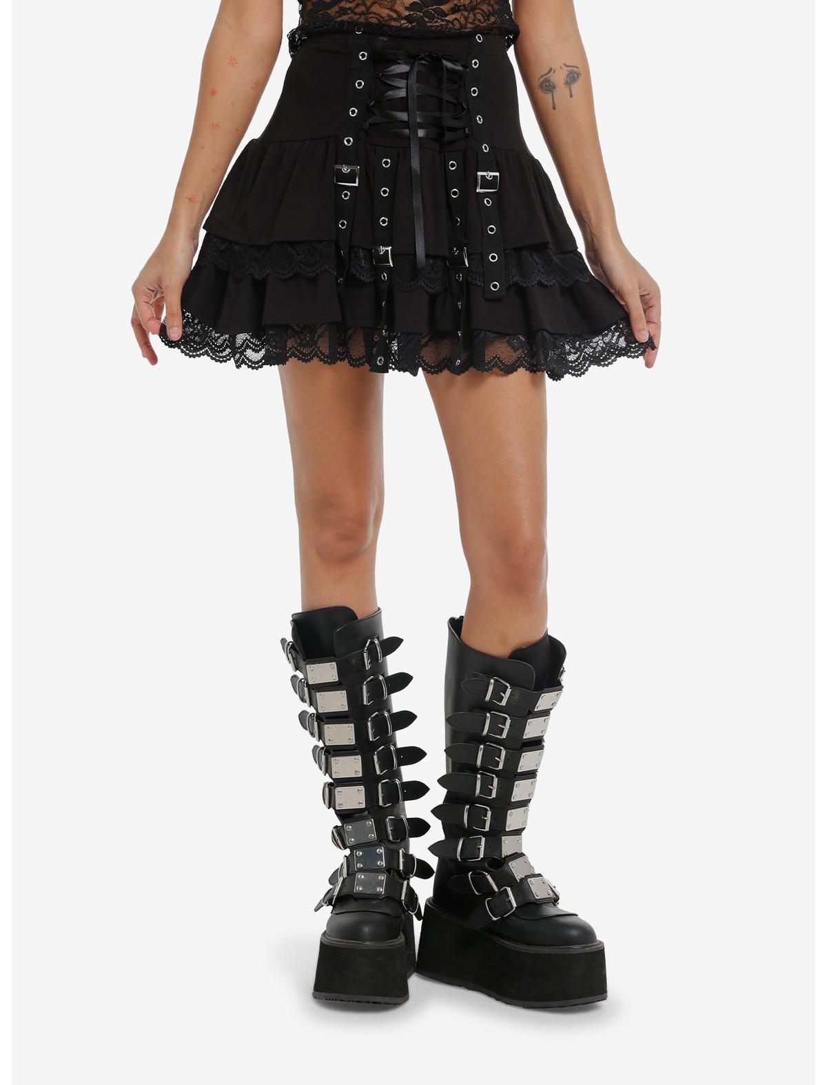 Black Tiered Grommet Buckle Mini Skirt - US 1273