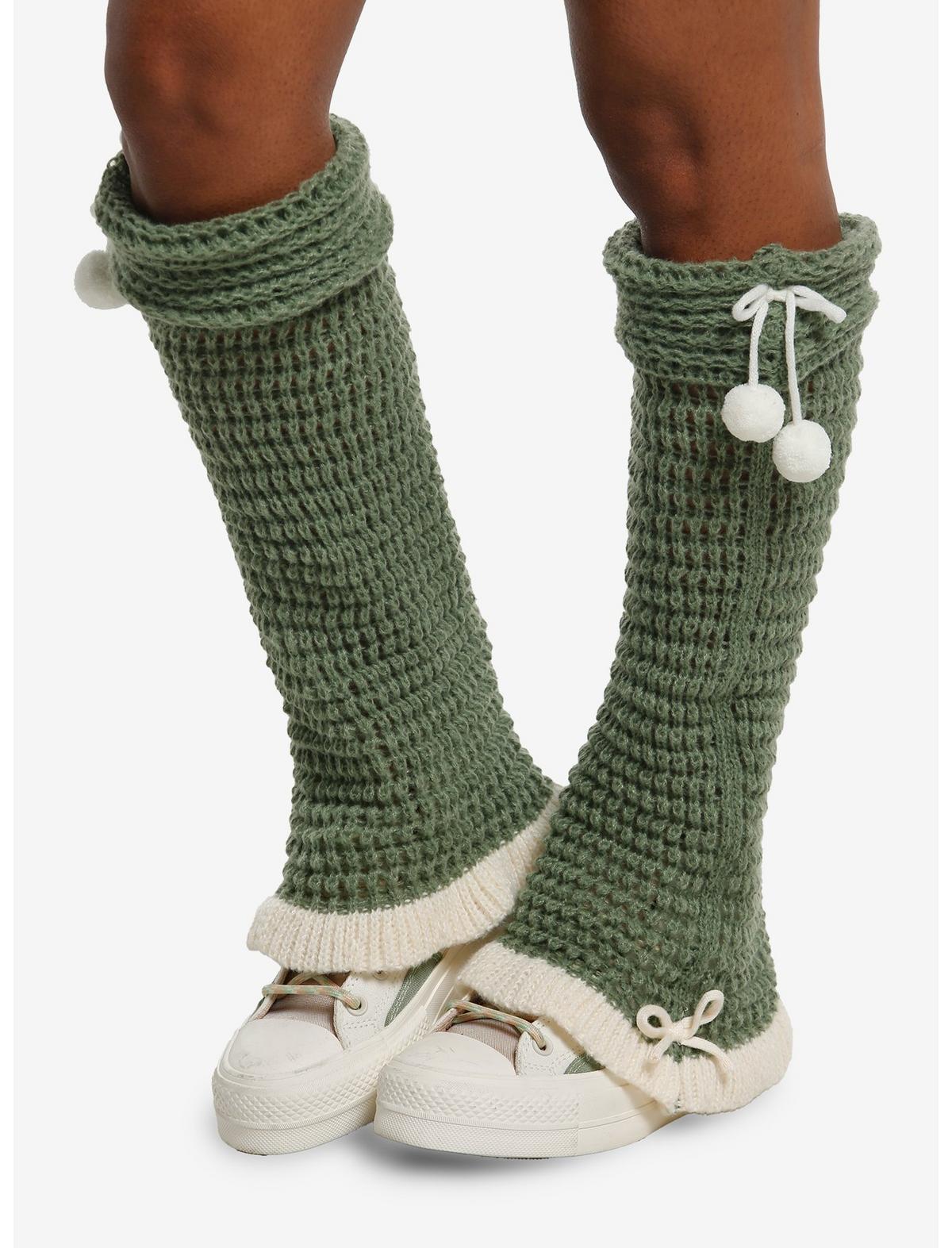 Green & Cream Knit Pom Leg Warmers - US 4948