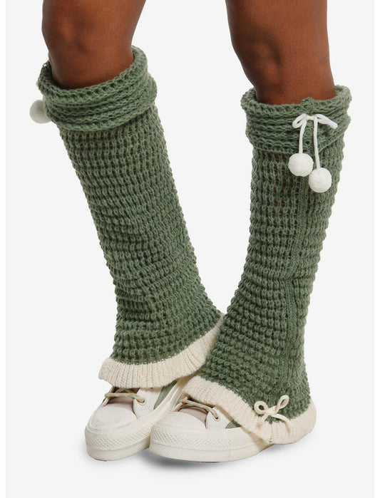 Green & Cream Knit Pom Leg Warmers - US 4948
