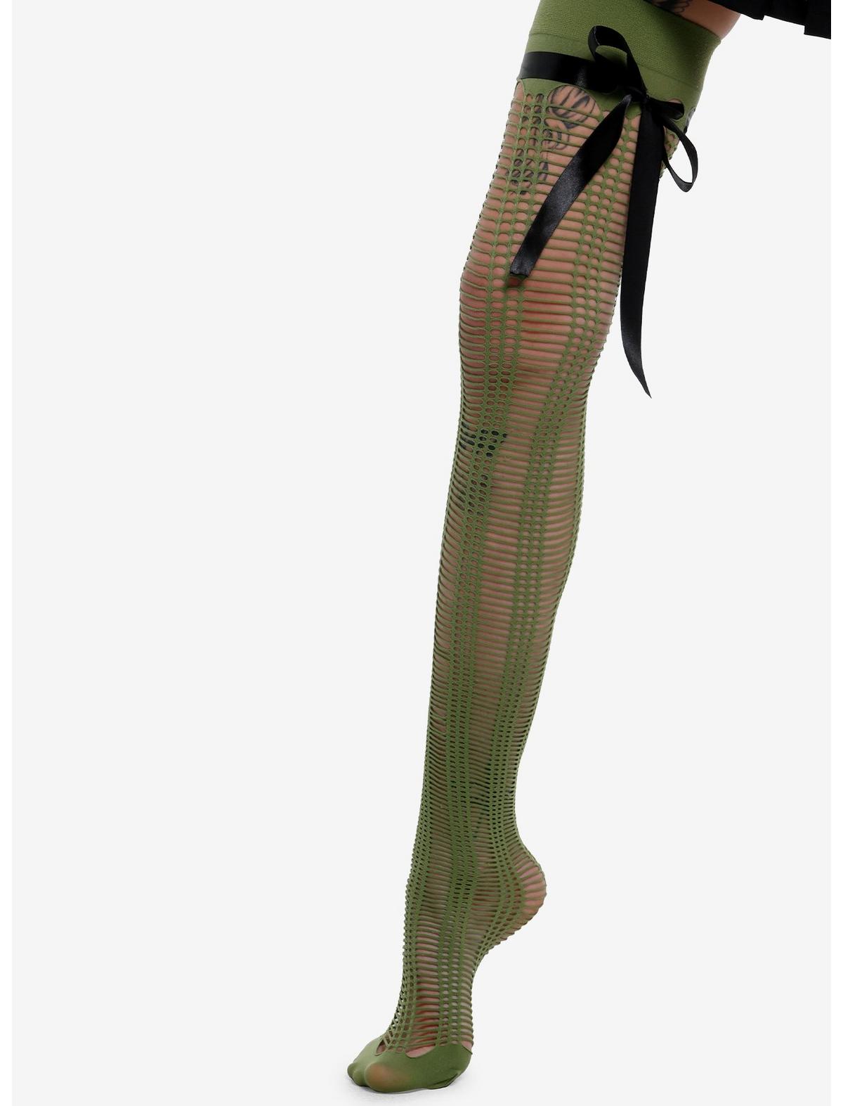 Green Stripe Bow Fishnet Thigh Highs - US 7704