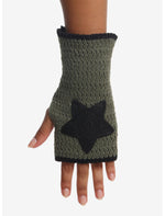 Green & Black Star & Stripe Knit Fingerless Glove Set - US 0964