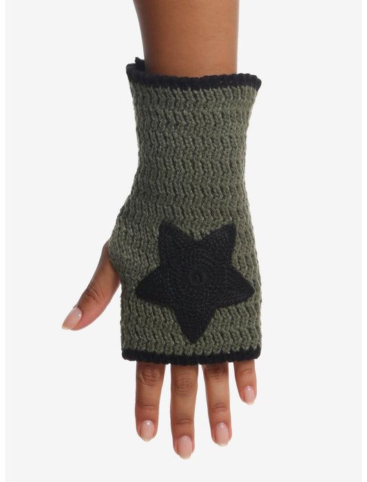 Green & Black Star & Stripe Knit Fingerless Glove Set - US 0964