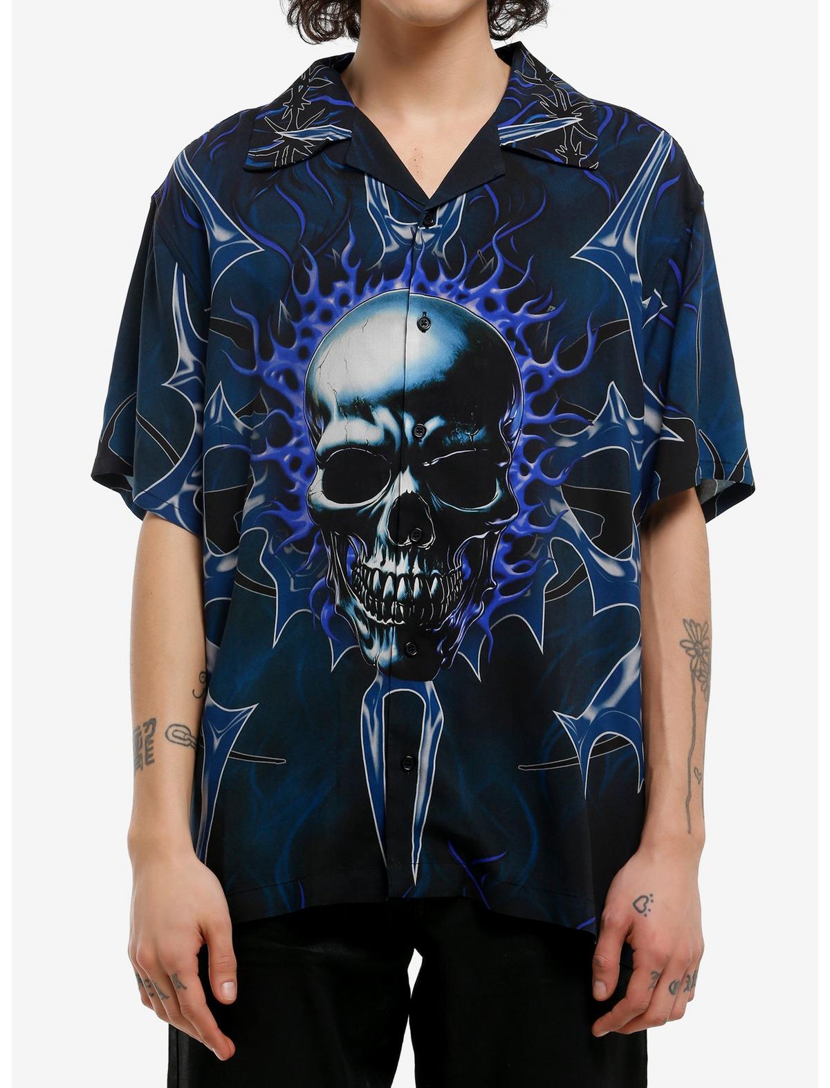 Blue Cyber Skull Woven Button-Up - US 5648