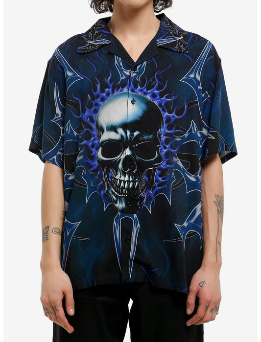 Blue Cyber Skull Woven Button-Up - US 5648