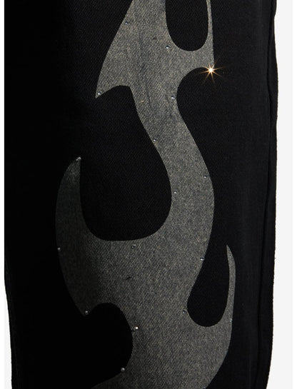 Black & Grey Flame Rhinestone Straight-Leg Jeans - US 0086