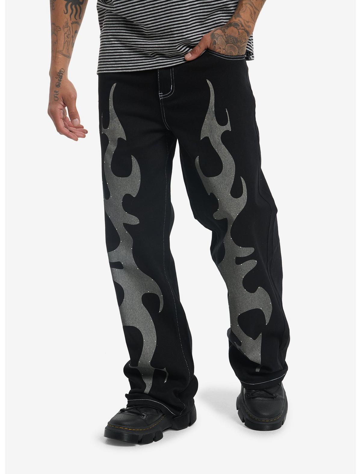 Black & Grey Flame Rhinestone Straight-Leg Jeans - US 0086