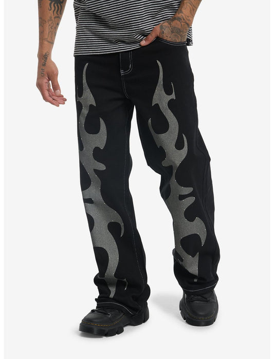 Black & Grey Flame Rhinestone Straight-Leg Jeans - US 0086