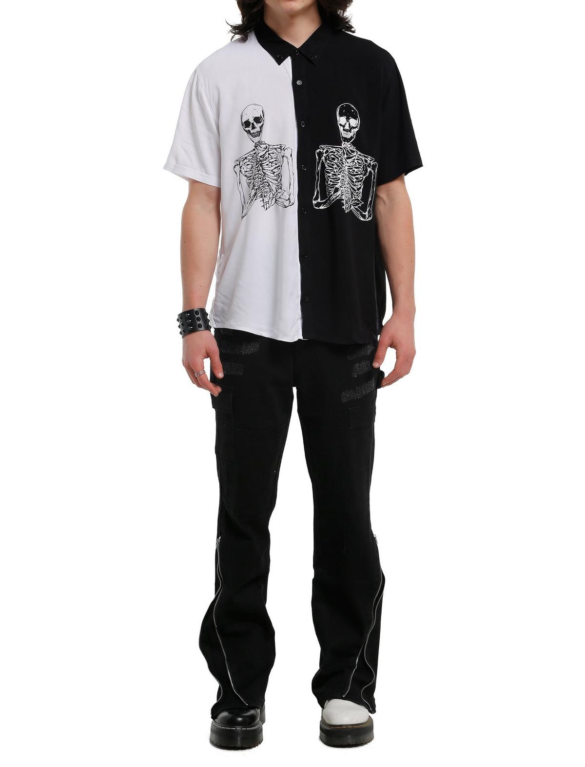 Black & White Skeletons Split Woven Button-Up - US 6779