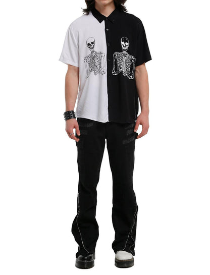 Black & White Skeletons Split Woven Button-Up - US 6779