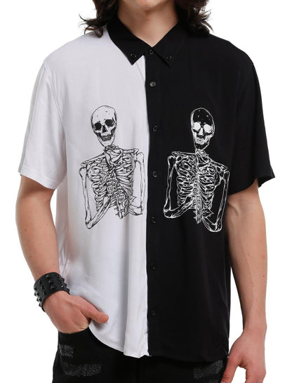 Black & White Skeletons Split Woven Button-Up - US 6779